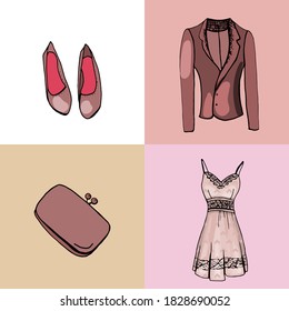 Isolated woman clothes. Set with glamour things.