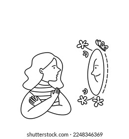 Isolated of a woman doing positive self talk in front of mirror, black outline cartoon.