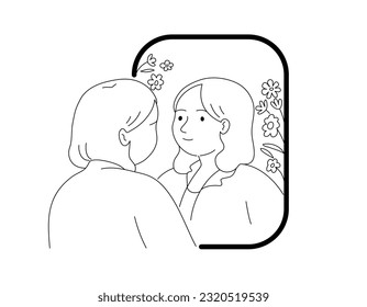 Isolated of a woman doing positive self talk in front of mirror with flowers, black outline cartoon style.