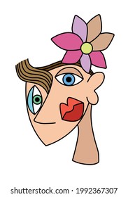 Isolated woman face drawing as a cubist picture art. Cartoon style vector illustration.