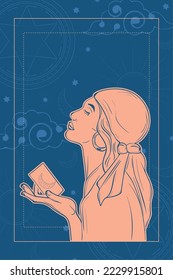 Isolated woman fortune teller with tarot card esoterism sketch icon Vector illustration