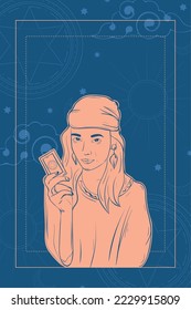 Isolated woman fortune teller with tarot card esoterism sketch icon Vector illustration