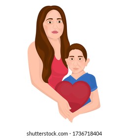 Isolated woman hugging a child with a heart - Vector