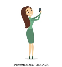 Isolated woman making selfie with smartphone on white.