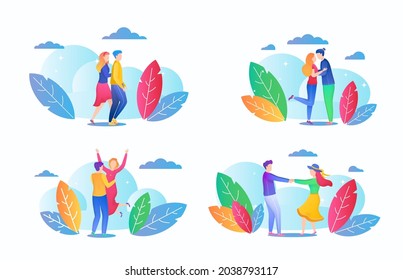 Isolated woman man couple set, vector illustration, happy young girl guy character in love together, people at romantic date, collection.