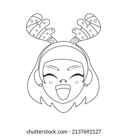Isolated woman reindeer christmas draw borderline cute face vector illustration