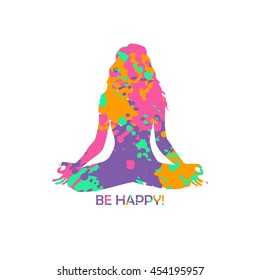 Isolated woman silhouette sitting in lotus pose of yoga made from abstract colorful grunge paintbrush splashes.