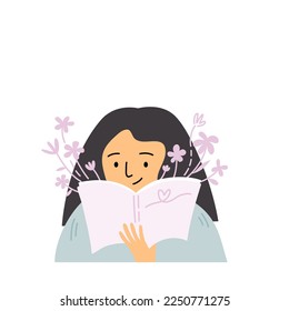 Isolated of a woman smiling and reading a book with flowers on background, coping strategies concept. Flat vector illustration.