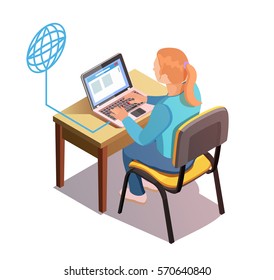 Isolated woman surf in the Internet. Isometric vector composition.