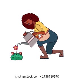 Isolated woman watering plants - VEctor illustration design