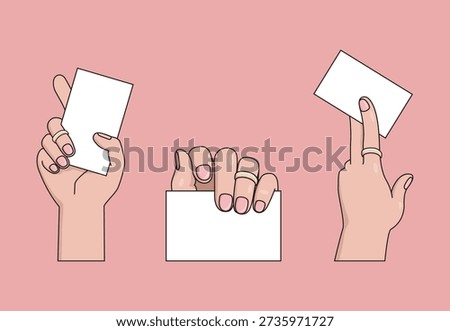 Isolated Woman's Hand with long Nails and Golden Rings Holding Blank Personal Business Card. Icon Template Mockup Illustration on a Pink Background, Hand and card different positions.