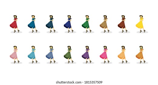 Isolated women are in colorful Red, orange, yellow, green, blue, blue, purple, purple, brown, pink dresses in hat and sandals The wind blows up the skirt