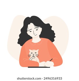 Isolated of a women writing and drawing by tablet with a cat.