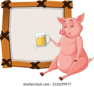 Isolated wooden banner with funny pig illustration