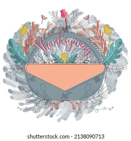 Isolated wooden basket and autumn leaves Happy thanksgiving poster Vector
