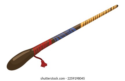 Isolated wooden baton or stick with Colombian tricolor cord in cartoon style.