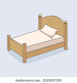 Isolated wooden bed with mattress and pillow vector illustration.