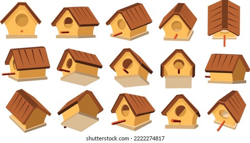 Isolated wooden bird house viewed at different angles.