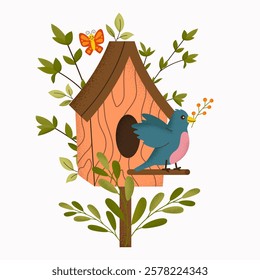 Isolated wooden birdhouse with colorful bird, green branches and butterfly. Hand drawn design element with texture effect on white background. Spring flat vector illustration.