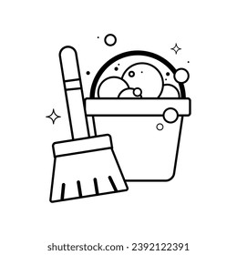 Isolated wooden broom and bucket with bubbles icon Vector illustration