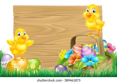 Isolated wooden cartoon Easter sign with Easter Chicks baby chicken birds, Easter Eggs, spring flowers and Easter basket in a field