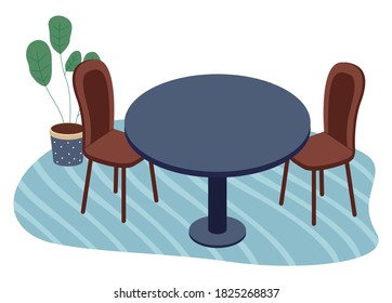 Isolated wooden chairs, table with green plant in pot at carpet. Modern stylish furniture for home or office. Cozy place for rest, sitting, seat. Comfortable wooden armchair. Vector illustration