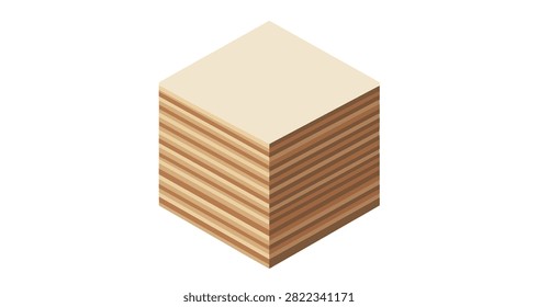 isolated wooden cube with layered texture natural brown shades and geometric shape on transparent background for design and visual projects
