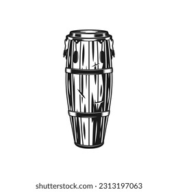 Isolated wooden drum. Ethnic traditional instrument is used in capoeira and samba music. Atabaque vintage monochrome template. Afro brazilian percussion musical instrument in vector.