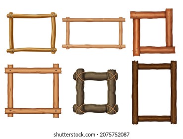 Isolated wooden frames or retro photo picture borders. Vector wood board, brown plank and old rustic tree panel frames fastened with timber nails and natural ropes, isolated vintage frame borders