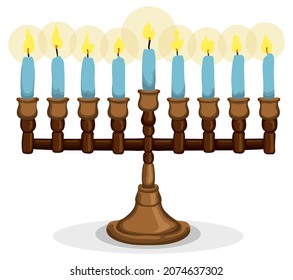 Isolated wooden lamp with all its candles lighted, resembling a traditional Chanukiah lamp for Hanukkah.