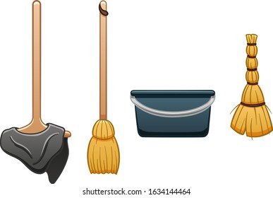 Isolated wooden mop with gray rag, broomstick, besom and blue plastic bucket for cleaning. White background, vector.