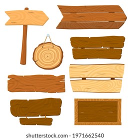 Isolated wooden planks. Cartoon planked sign, wood board banners. Hanging signboard, old rustic panel and road pointer recent. Vector game elements set