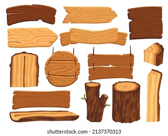 Placas de madera aisladas. Planking de madera, caricaturas lindas. Paneles y carteles de material natural. Registro y tronco del bosque. Conjunto de vector limpio del árbol