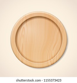 Isolated wooden plate. Beige or brown tray for kitchen or timber kitchenware for pizza or meat, meal. Domestic server for cutting or circle accessory for eating. Food and tableware, restaurant theme