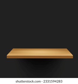 isolated wooden shelf with black wall