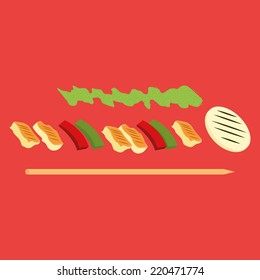an isolated wooden sticks and a lot of ingredients on a red background
