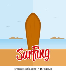 Isolated wooden surfboard on the beach and text