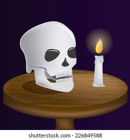 an isolated wooden table with a skull and a candle with fire