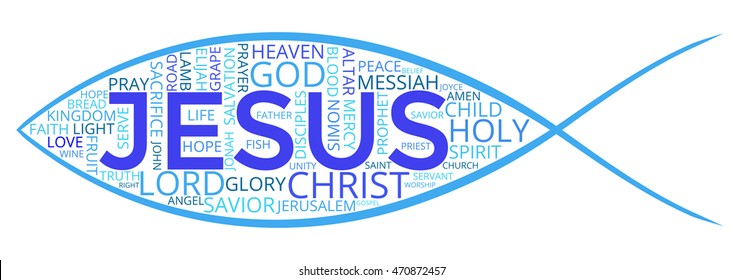 Isolated Word Cloud of Symbol of Jesus Fish made of Christian Keywords. 