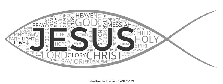 Isolated Word Cloud of Symbol of Jesus Fish made of Christian Keywords. 