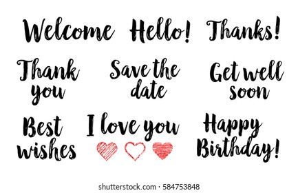 Isolated words for your design. Thank you, welcome, happy birthday, save the date etc.