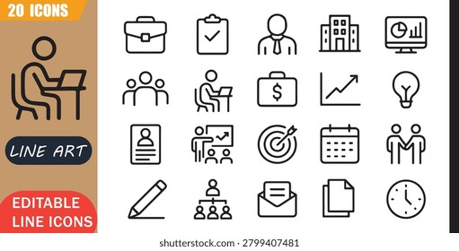 Isolated work career icons set, 20 editable line art icons set, work job career, business office productivity, profession employment task, workplace theme style, clean outline vector