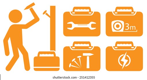 isolated worker silhouette and set portfolio with tools for repair