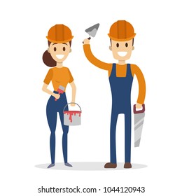 Isolated workers couple with hardhat on white.