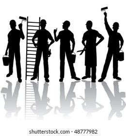Isolated workers vector silhouettes with tools