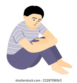 Isolated of a worry boy sitting on the floor with hands on knee. Flat vector illustration.	