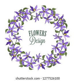 Isolated wreath of blue cltmatis. garden flowers., floral design.Template for greeting card to Valentines Day, vector illustration