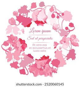 Isolated wreath with flat silhouettes and fully colored flowers of African violets. Colorful flower parts with emphasized leaves in the center. Hand-drawn parts of the Streptocarpus or African violet.