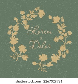Isolated wreath with flat silhouettes of garden flowers. Beige flower parts on the white background with texture and text. Hand-drawn parts of the marigold, calendula, chamomile, and dog rose fruits.