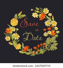 Isolated wreath with fully colored garden flowers. Vibrant flower parts on the dark background with text in the center. Hand-drawn parts of the marigold, calendula, chamomile, and dog rose fruits.